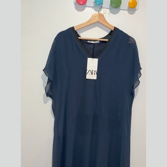 NWT Zara Navy Blue Long Tunic Sheer top Women’s Size L - Picture 2 of 10